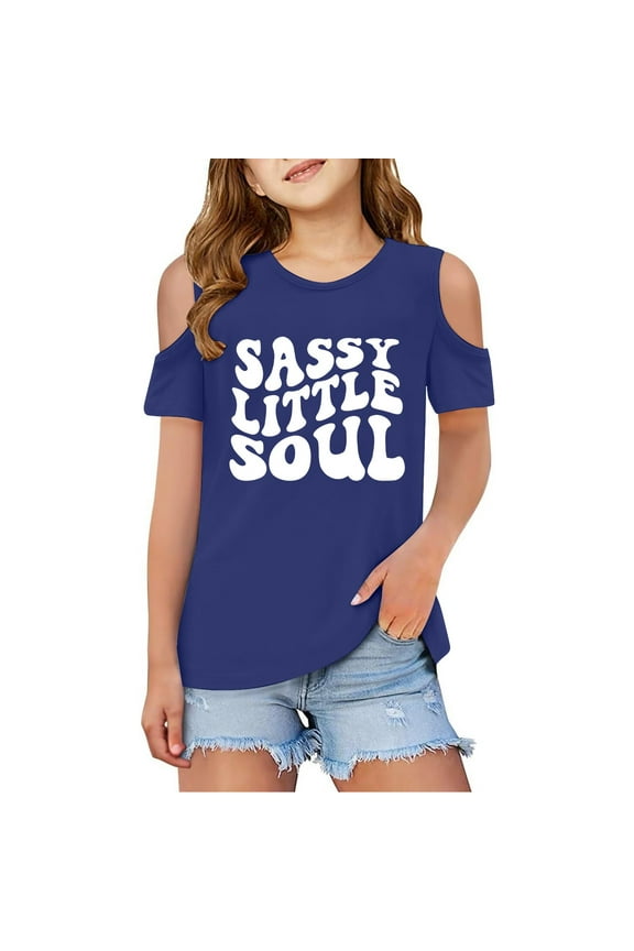 Toddler Girls Tshirts Graphic Letter Print Short Sleeve Tshirts Shoulder Cut-Out Casual Crewneck Basic Tees Girls Summer Clothes Size 3-4 Years