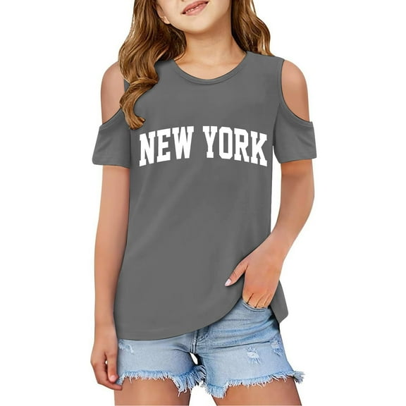 Toddler Girls Tshirts Letter Print Short Sleeve T Shirts Shoulder Cut-Out Crewneck Girls Blouse Girls Summer Clothes Size 3-4 Years