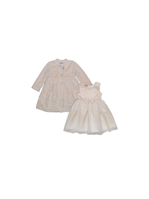 Toddler Girls Tulle Dress Ribbed Faux Fur Coat 2 Piece Set Cream 3T SLIM