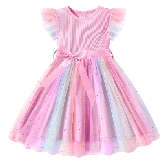 Lanbubble Toddler Baby Girls Rainbow Tutu Dresses Tulle Dress Party Princess Sequins Sundress Ruffle Sleeveless Pink 2-3 Years