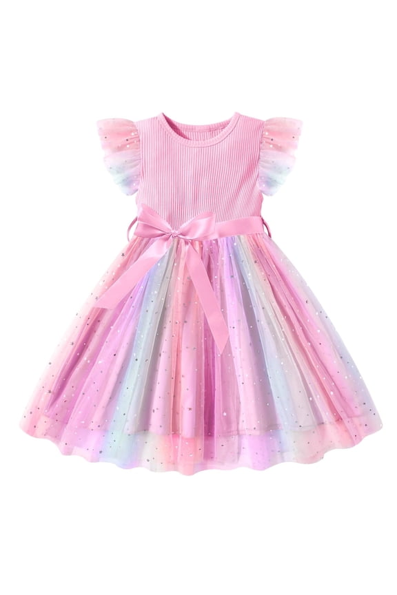 Toddler Baby Girls Rainbow Tutu Dresses Tulle Dress Party Princess Sequins Sundress Ruffle Sleeveless Pink 3-4Years