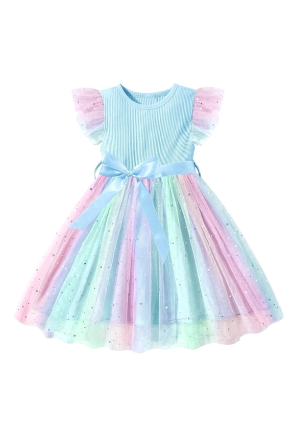 Toddler Baby Girls Rainbow Tutu Dresses Tulle Dress Party Princess Sequins Sundress Ruffle Sleeveless Sky Blue 3-4Years