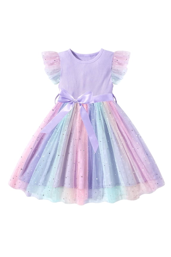 Toddler Baby Girls Rainbow Tutu Dresses Tulle Dress Party Princess Sequins Sundress Ruffle Sleeveless Light Purple 4-5Years