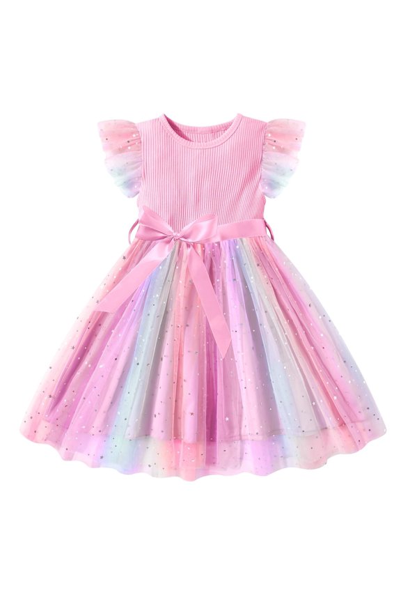 Toddler Baby Girls Rainbow Tutu Dresses Tulle Dress Party Princess Sequins Sundress Ruffle Sleeveless Pink 4-5 Years