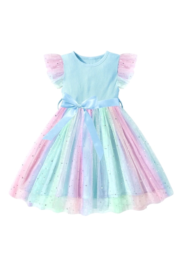Toddler Baby Girls Rainbow Tutu Dresses Tulle Dress Party Princess Sequins Sundress Ruffle Sleeveless Sky Blue 4-5Years