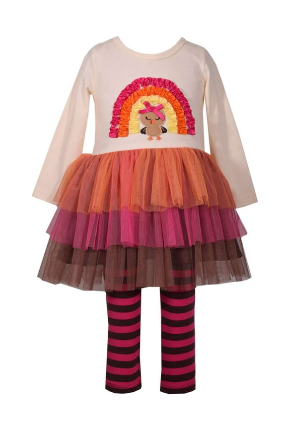 Toddler Girls Turkey Fall Holiday Tutu Dress Shirt & Striped Legging Outfit 2T