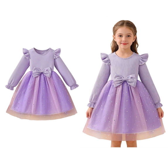Toddler Girls Tutu Dress Ruffles Long Sleeve Purple Dress for Girls Glitter Girls Tulle Dress Winter Dress for Girls 3-4 Years