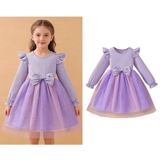 Toddler Girls Tutu Dress Ruffles Long Sleeve Purple Girls Dress Sequin Tulle Dress Girls Fall Dress Girls' Special Occasion Dresses 3-4 Years