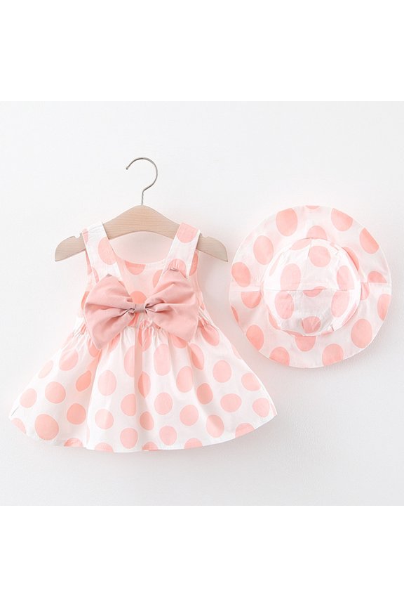 Toddler Girls Tutu Dress Summer Backless Princess Birthday Party Dress Polka Dot Bowknot Sundress with Straw Sun Hat