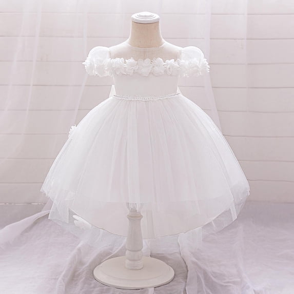 Toddler Girls Tutu-Dresses A-Line Layered-Tulle 6M-3Y Kids Cute Floral Short Sleeve Crewneck Solid High-Low Hem Birthday Party Prom Dress