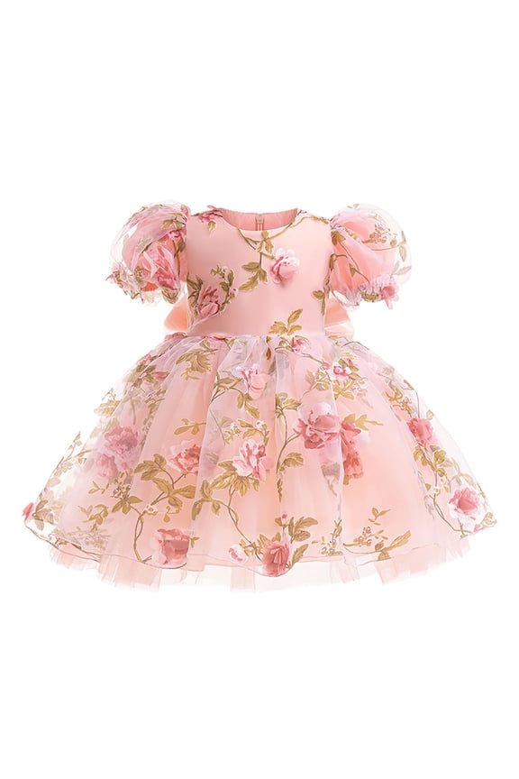 Toddler Girls Tutu Sundress Summer Rose Pattern Tulle Children Puff Sleeves Butterfly Knot Princess Dresses Little Kid Boho Beach Sundress for 12-18 Months