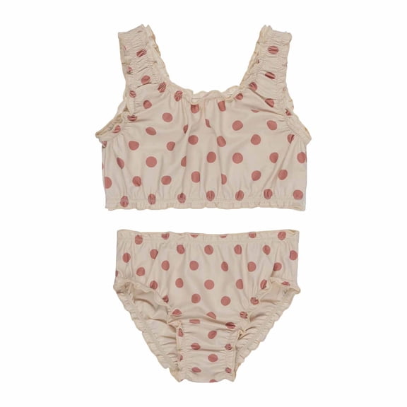 Toddler Girls Two Piece Swimsuit, Polka Dot Print Crop Top and High Waisted Bottom, Frill Trim Swimwear UPF50+