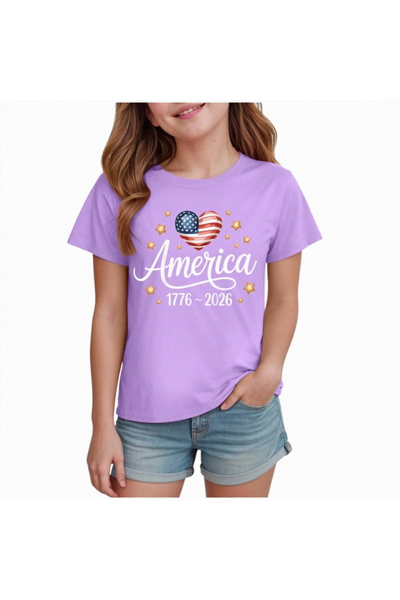 Toddler Girls USA 250th Anniversary T Shirt Patriotic American Flag Graphic Tops Soft Short Sleeve Comfort Tee for 1776-2026 US 250 Years Gifts Gibobby,11-12 Years,Purple