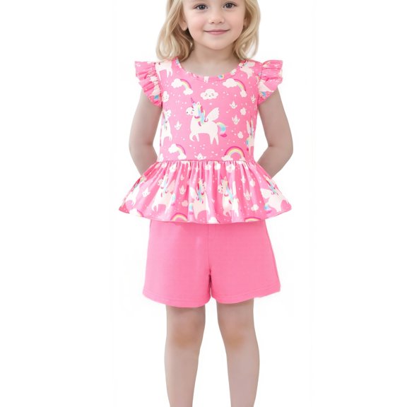 Toddler Girls Unicorn Outfits 2 Piece Clothing Sets Ruffle Sleeve Shirt Pink Shorts Cute Summer Short Sets 4T (867)