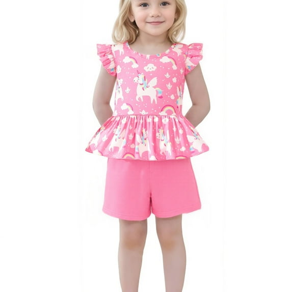 Toddler Girls Unicorn Outfits 2 Piece Clothing Sets Ruffle Sleeve Shirt Pink Shorts Cute Summer Short Sets Size 6 (867)