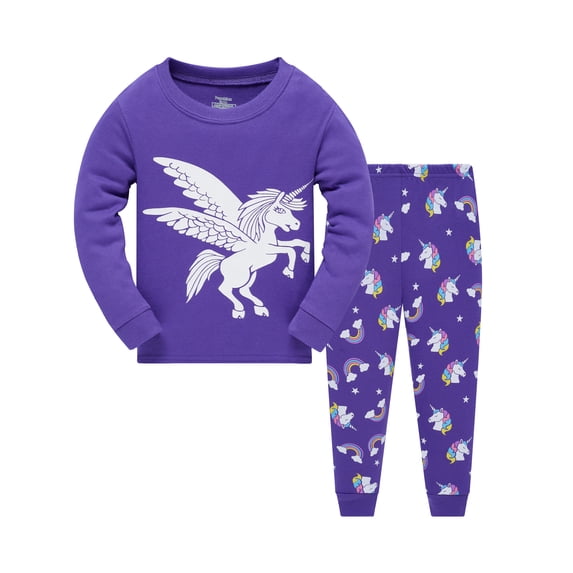 Toddler Girls Unicorn Pajama Set, 2-Piece Long Sleeve Crewneck Sleepwear Top and Matching Pants, Purple 7T