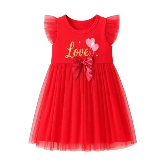 HILEELANG Toddler Girls 2–7T Cotton Valentine’s Day Casual Dress, Flutter Sleeve Heart Graphic Dress, 3T