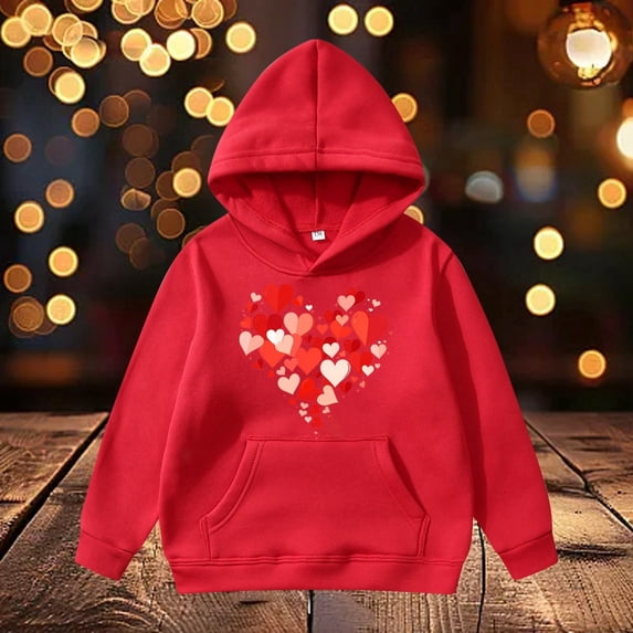 Toddler Girls Valentine's Day Hoodies Shoulder Sleeve Heart Graphic Print Girls Clothes Fashion Spring Comfort Toddler Boy & Girl Pullover Sweatshirt Red 11-12 Years