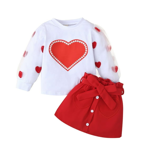 Toddler Girls Valentine's Day Outfits Fashion Lace Long Sleeve Heart Sweatshirt Red Skirt 2 Pieces Sets White 4-5 Years
