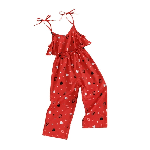Toddler Girls Valentine's Day Romper Jumpsuit Ruffles Sleeveless Heart Print Overalls