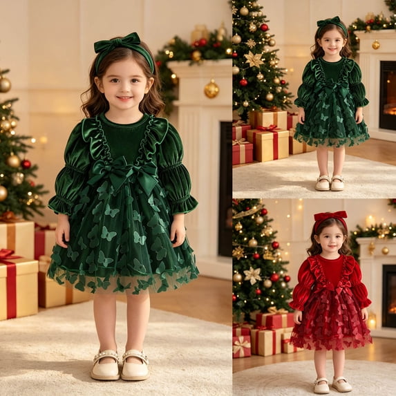 Toddler Girls Velvet Dress Butterfly Appliques Puff Long Sleeve Ruffled Trim Knee Length Mesh Tulle Dresses with Bow Headband