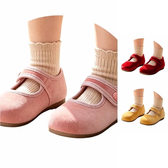Toddler Girls Velvet Mary Jane Shoes - Soft Closed Toe Ballet Flats With Adjustable Strap - Kids and Mother for Wedding Party Daily (Size 2-14 Years)