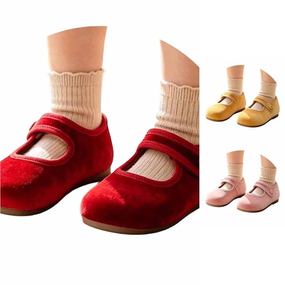 Toddler Girls Velvet Mary Jane Shoes - Soft Closed Toe Ballet Flats With Adjustable Strap - Kids and Mother for Wedding Party Daily (Size 2-14 Years)
