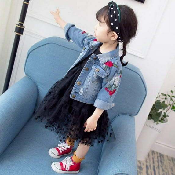 Toddler Girls Vintage Flower Embroidery Denim Jacket Long Sleeve Jean Coat Outwear 1-6T