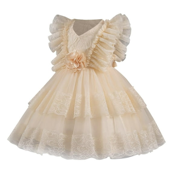 Toddler Girls Vintage Party Dress Ruffled Sleeve A-Line Tulle Flower Girl Dresses for Wedding,Birthday Khaki 5-6 Years