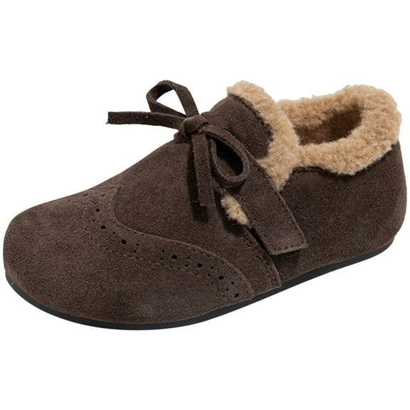 Toddler Girls Vintage Suede Casual Shoes Non Slip Fleece Lined Bowknot Slip On Loafers Kids Round Toe Flat Princess Shoes Brown Size 9 Toddler