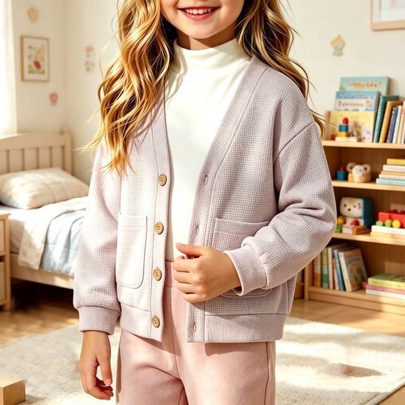 Toddler Girls Waffle Knit Cardigans Button Down Sweaters V-Neck Long Sleeve Outerwear Tops with Pockets Casual Fall School Jackets Lightweight Cozy Knitwear, Size 2-3 T
