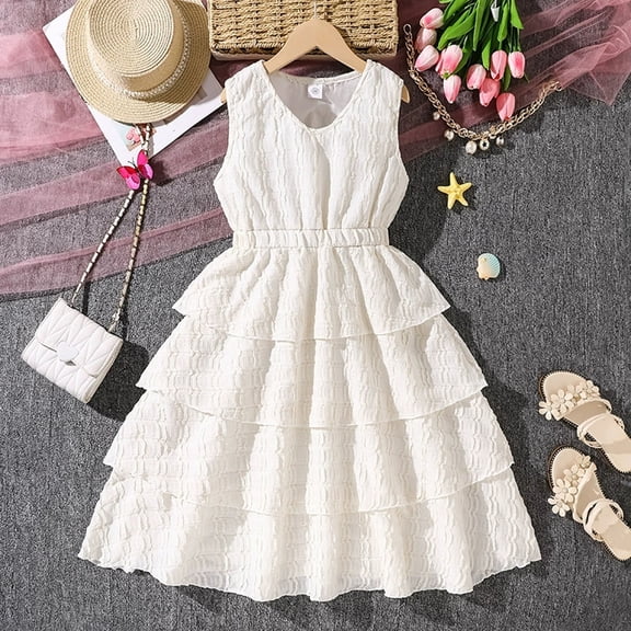 Toddler Girls Waist Defining Princess Dress Patchwork Sleeveless Ruffled Dress White 7 Y-8 Y