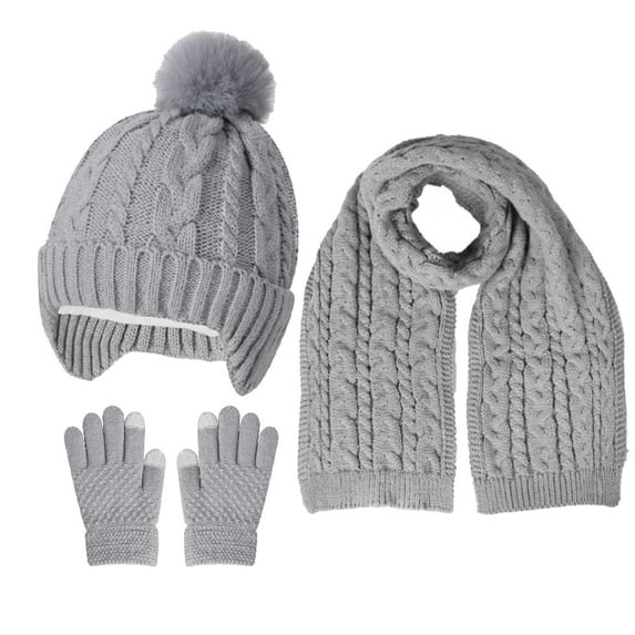 Toddler Girls Warm Hat Gloves Scarf Sets Cable Knit Earmuffs Beanies Long Neck Scarfs Cold Weather Winter 3 PCS Set Gray, 3-10 Years