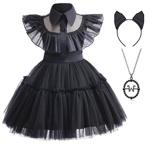 Toddler Girls Wednesday Addams Black Dance Dress Halloween Cosplay Party Outfit