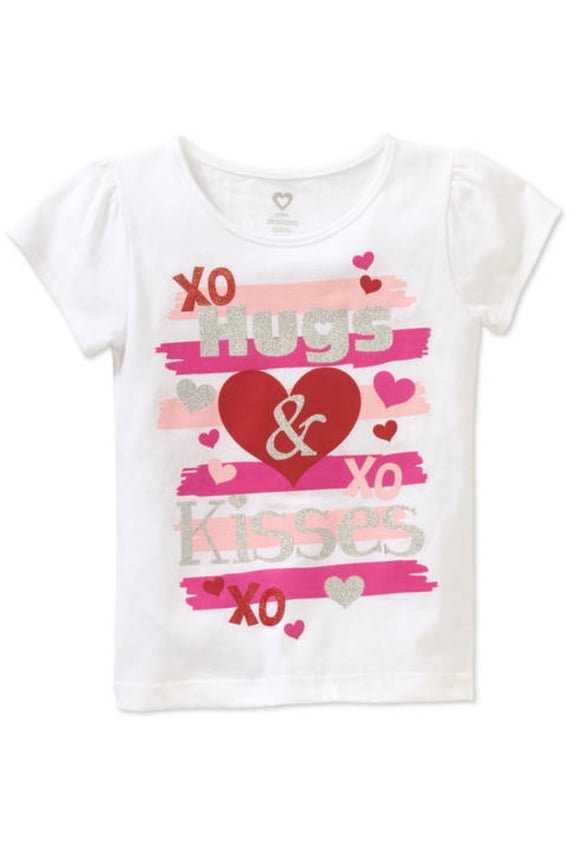 Toddler Girls White Glitter Hugs & Kisses Valentines Day T-Shirt Tee Shirt 2T
