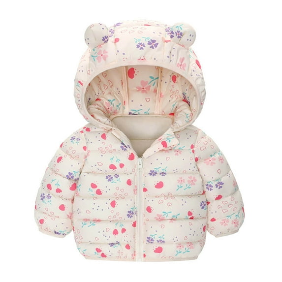 Toddler for Boys Puffer Jacket Kids Cartoon Print Zip up Long Sleeve Lightweight Kids Warm Outerwear Cute Bear Ear Hooded Jackets with Pockets Winter Clothes 12-18 Months