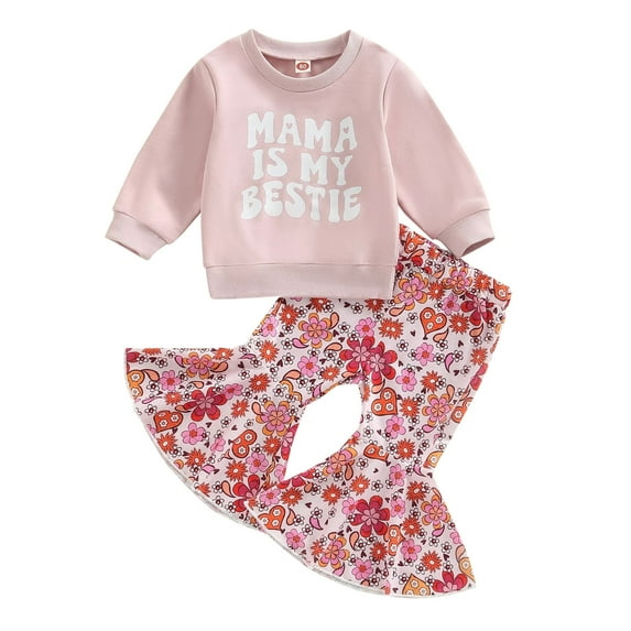 Toddler Girls Winter Long Sleeve Letter Prints Tops Flower Bell Bottoms Pants 2PCS Outfits Clothes Set For Babys Clothes Pink Size 3-4T