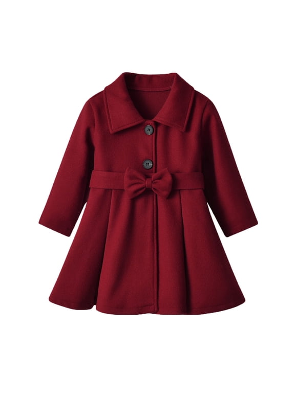 Toddler Girls Winter Long Sleeve Warm Woollen Coat Jacket Solid Color Red Bow Tie for Baby Clothes 12 to 18 Months