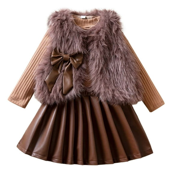 Toddler Girls Winter Outfit Set Sleeveless Soft Vest With Long Sleeve Knitted Top And Plaid Pleated Skirt 3 Piece,Size:4-5 Years