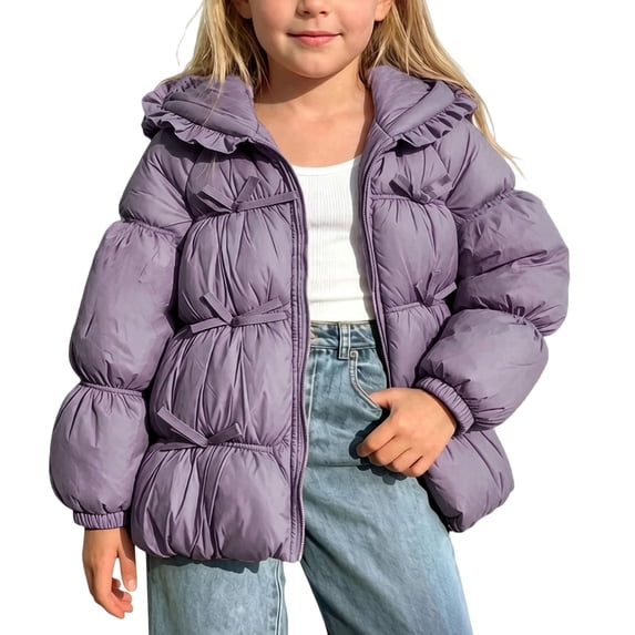 Toddler Girls Winter Puffer Jacket Cute Bowknot Ruffle Hooded Coat Zip Up Thick Warm Outerwear Windproof Padded Snowsuit for Cold Weather Fall Winter Apparel, Size 3-4 T