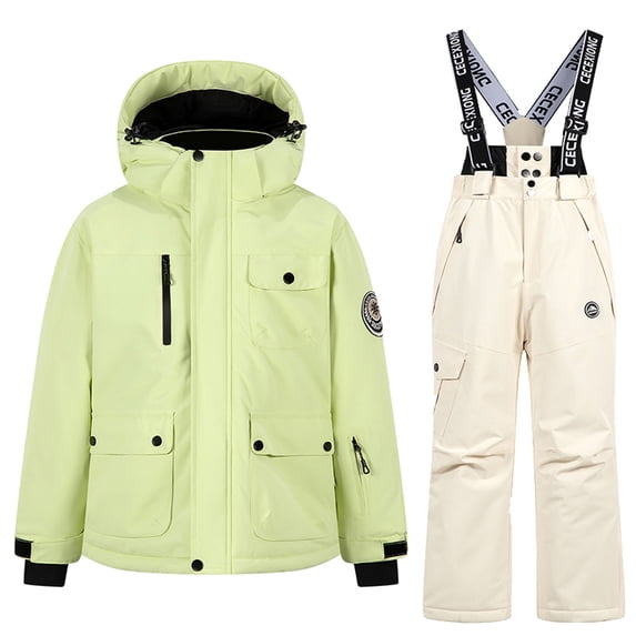 Toddler Girls Winter Snow Pants New Children's Winter Thick Waterproof Windproof and Warm Hooded Long Sleeved Top + Suspender Ski Pants Two-Piece Set for Kids Style B-10 Beige 5-6 Years