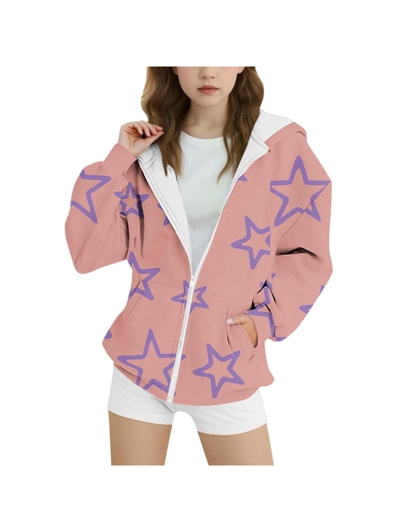 Toddler Girls Zip Up Hoodie Active Star Print Hooded Sweatshirt Jacket, 4-5 Years,00#&-Rose Gold1925,(4-5 Years)