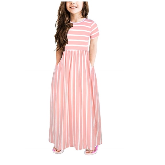 Toddler Girls dresses kids stripper print short sleeve dress with pockets