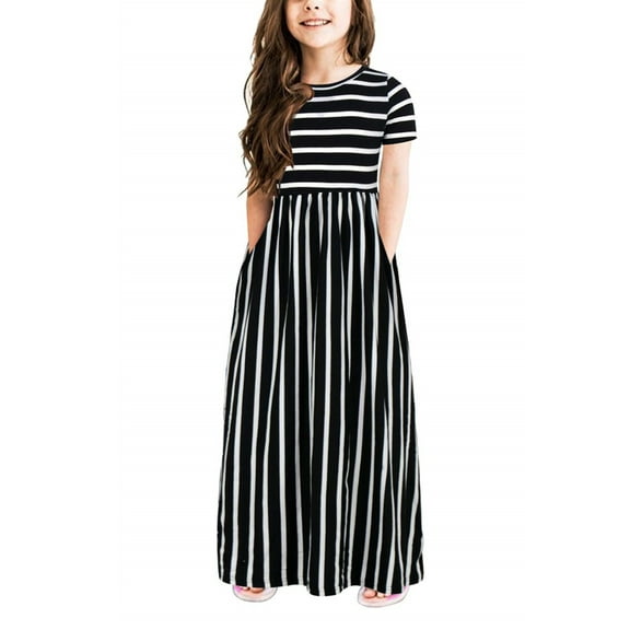 Toddler Girls dresses kids stripper print short sleeve dress with pockets