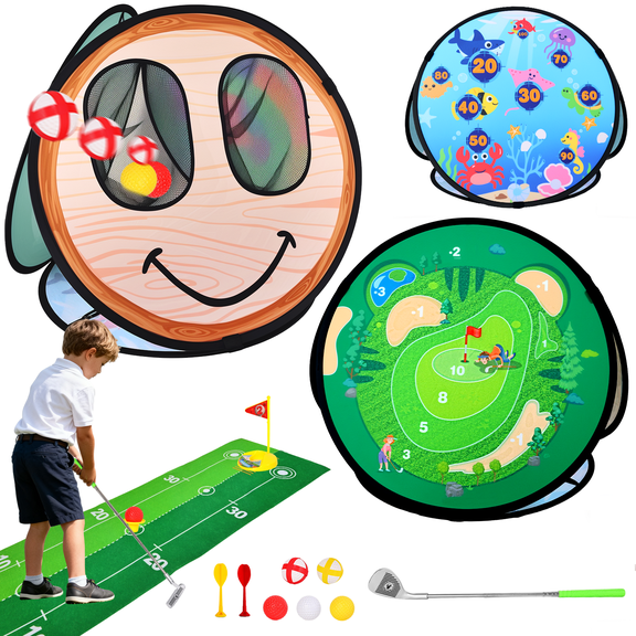 Toddler Golf Set, 5 in 1 Kids Golf Set with 3 Golf Clubs, Putting Mat, 4-Sided Chipping Net, Golf Sport for Kid, Indoor Outdoor Kids Sticky Backyard Golf Games Toys Activitie Birthday Gift 3+