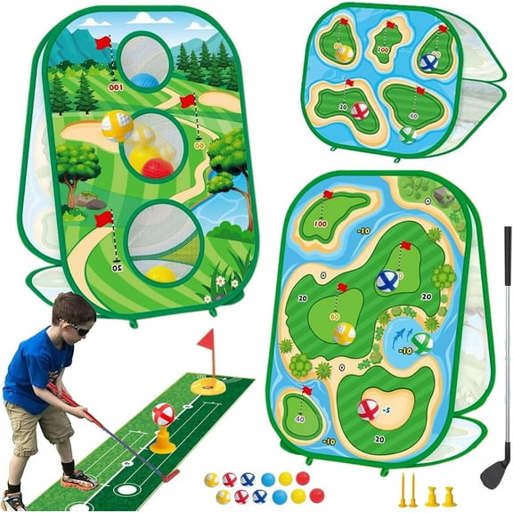 Toddler Golf Set, Golf Chipping Game,4-In-1 Kids Sticky Golf Games Set With Club, Golf Putting Practice Mat,3-Sided Golf Chipping Net,Golf Cornhole Board Set,Indoor Outdoor Golf Toys For Kids & Adult