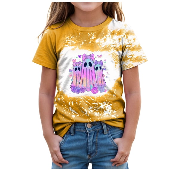 Toddler Graphic Tees Girls Halloween Toddler Girl Tees Halloween T-Shirts for Toddler Girls Short Sleeve Crew Neck Flower Ghost Pumpkin Bowknot Tees Tops Size 5-6 Years,Yellow