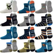 TPHON Toddler Grip Socks 12 Pairs Non Slip Baby Socks Cute Crew Anti Skid Socks for 0-7 Years Baby Boys Kids (01 Jurassic century,1-3T)