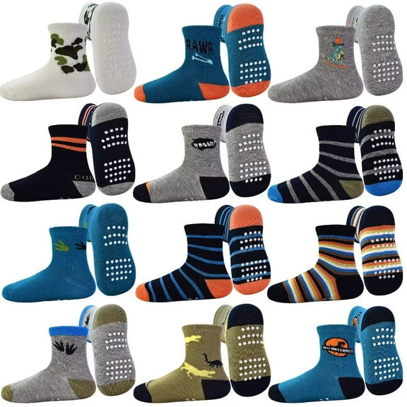 Toddler Grip Socks 12 Pairs Non Slip Baby Socks Cute Crew Anti Skid Socks for 0-7 Years Baby Boys Kids (01 Jurassic century,1-3T)
