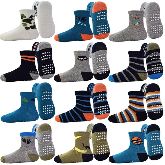 Toddler Grip Socks 12 Pairs Non Slip Baby Socks Cute Crew Anti Skid Socks for 0-7 Years Baby Boys Kids (01 Jurassic century,5-7 Years)